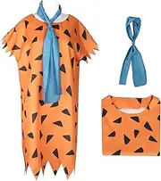 [MENGZHAI] Mens Caveman Fred Costume Stone Age Primitive Man Orange Tunics with Tie Halloween Outfit