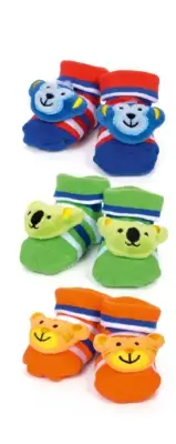 BABY NEWBORN TINKLE TOES RATTLE SOCKS PACK OF 3 TIGER MONKEY KOALA