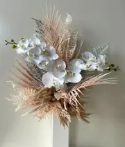 DRIED FLOWERS ARRANGEMENT ARTIFICIAL SILVER FERN PINK FAN PALM WHITE ORCHIDS