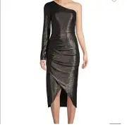 NWT Aiden by Aiden Mattox Foiled Jersey Ruched Gunmetal Black Dress size 12