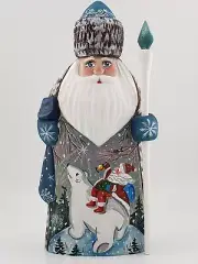 Hand Carved Wooden Blue Santa Claus with Polar Bear Scene Figurine Ukrainian