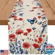 QIONG MENG 4th of July Table Runner Red and Blue Flowers Butterfly Memorial D