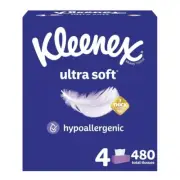Kleenex Ultra Soft Facial Hypoallergenic Tissues, 4 Flat Boxes, 480 Tissues FS.