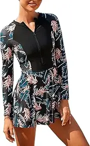 [IBAKOM] Women Long Sleeve Swimdress with Shorts 2-Piece Rash Guard Set UPF 50+ Zip Up Surf Swimsuit with Tropical Leaf Print