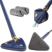 360 Rotatable Adjustable Cleaning Mop,Telescopic Triangular Mop with Water Squeezing Function,Reusable Swivel Mop with 2 Reusable Mop Cloth for Floor/Ceiling/Window/Wall Cleaning (Blue)