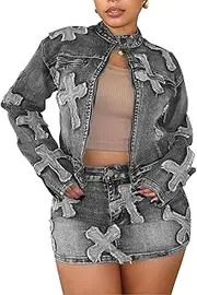 [KANSOON] Skirt Sets Women 2 Piece Outfits Denim Long Sleeve Full Zip Embroidery Crop Jean Jacket Mini Skirt Set