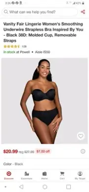 Vanity Fair 5 Way Straps 38D Black Underwire Strapless