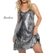 Boohoo Silver Sequin Spaghetti Strap Open Back Mini Swing Dress NWT Size 14