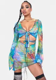 [Jaded London] Mix Fairy Print Tie Front Mesh Dress