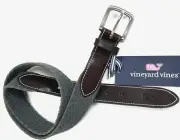 VINEYARD VINES Size 30 Men's Belt Green Woven Stripe CLUB Canvas Leather NEW $85