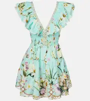 [Camilla] Camilla Floral embellished linen minidress AU 18 blue