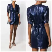 $470 Alice McCall Night Moves Mini Dress in Indigo metallic blue faux wrap