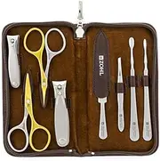 ZOHL Solingen Manicure & Pedicure Set SHARPtec with Self-Sharpening Nail Scissors in Brown Leather Case Made in Germany (PRE-L100)