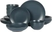 Queenslane 16 Piece Double Bowl Plates and Bowls Dinnerware Sets - Matte Blue