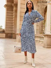 Sosandar Blue Zebra Print Belted Shirt Dress (719684) | $182