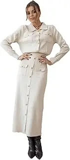 [Generic] Women White Brown 2 Piece Matching Set Autumn Winter Vintage Knitted Two Piece