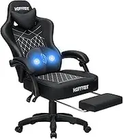 HOFFREE Gaming Chair Computer Chair with Pocket Spring Cushion Massage Game Chair with Footrest Leather Ergonomic High Back Computer Gaming Chairs for Adults Adjustable Swivel Gamer Chair Black