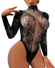 [Aucute] Womens Lingerie Fishnet Teddy Bodysuit Hollow Out Sexy Rave Outfits Sheer Backless Long Sleeve Mesh Tops