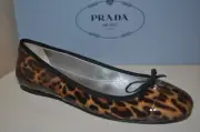 NIB $575 PRADA Leopard Print Patent Logo Bow Cap-Toe Ballet Flat shoe EUR 35.5