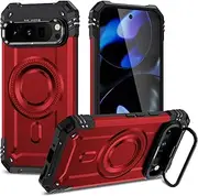 Compatible with Google Pixel 9 Pro XL Magnetic,Built-in Camera Hold Kickstand Bracket Lens,Wireless Charging,Military-Grade Protection,Magnetic Phone Case,Metal Stash Stand for Car Holder(Red)