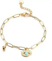 [OIDIMS] Dainty Evil Eye Bracelets for Women Men Gold Plated Charm Turquoise Adjustable Lucky Amulet Chain Bracelet Stainless Steel Paperclip Link Protection Jewelry Gifts Minimalist for Her, Adjustable, no