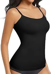 [ONEW] Compressions Camisole Top for Women Tummy Control Shapewear Top Waist Trainer Shaping Cami Vest with Spaghetti Straps, Black, L