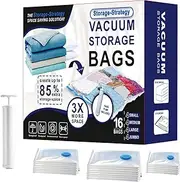 Storage-Strategy Vacuum Storage Bags,16 bags(4Jumbo/4Large/4Medium/4Small) with Prtable hand air Pump VacuumSealerBags for Blanket,Clothes Storage,Comforters,Pillows,Space Saver for Travelling