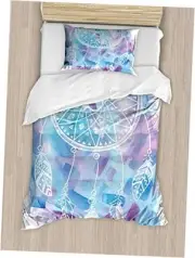 Feather Duvet Cover Set, Abstract Dream Catcher Twin Pale Blue Lilac White