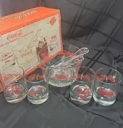 Vintage 1984 Coca~Cola (6-Piece Set) Glass Ice Tub W/On The Rocks Glasses L@@K