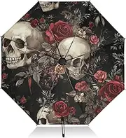 [RPLIFE] Compact Umbrella, Windproof Umbrella for Rain, Automatic Open/close, Compact Size for Women Backpacks/Handbags, Vintage Skulls Red Roses Black