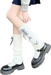 [LOITHGU] Women's White leg warmers Criss Cross Lace Up Plaid Bow, Y2K Fashion Lolita Accessories Kawaii Knit Leg Warmers
