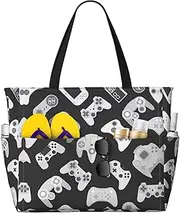 [Ghjkfbf] Game Controller Print Large Capacity Beach Travel Bag For Family, Beach Tote Bag For Women With Zipper Pockets, Black, One Size