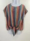 W5 Women Size L Short Sleeve Multicolor Stripe Textured Knit Tie Front Blouse