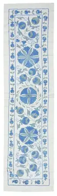 20x72 in Embroidered Table Runner. Cotton Wall Hanging in Light Blue