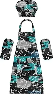 AIXIWAWA Kids Apron Chef Hat Set, Child Kitchen Bib Aprons Adjustable for Cooking Baking Painting (Dino Pattern)