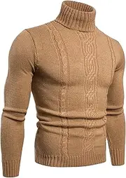 [Qolkmuiy-GJ] Men's Fit Cable Knit Sweater Solid Turtleneck Knitted Long Sleeve Leisure High-Necked Twist Pullover