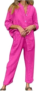 [Rkwins] Linen Set for Women 2 Piece Outfits Casual Pants Sets Plus Size Track Suits Solid Color Lounge Wear with Pockets
