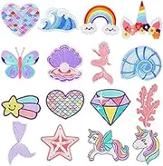 16 PCS Unicorn Mermaid Iron on Patches for Kids Girls Cute Heart Butterfly Wave Rainbow Embroidered Iron on Patches for Clothing Backpack Jeans Jackets Hat