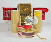8 Holiday Wreath Ribbons Tulle Christmas Red White Gold Wired Sequin Plaid LOT