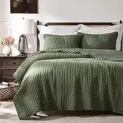 WDCOZY Olive Green Cross Stitch Queen Size Quilt Set, Striped Lightweight Soft Bedspread, Channel Farmhouse Rustic Coverlet, All Season Country Bedding, Thin Comforter