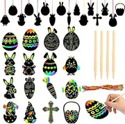 Pack of 16 Easter Eggs Scratch Art Set Easter Scratch Pictures Craft Set Children with Wooden Pens Ribbons for Easter Decoration Party Bags