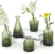 SUPMIND Glass Bud Vase Set of 5, Green Small Flower Vases for Centerpieces in Bulk, Mini Vintage Vase for Rustic Wedding, Home,Table Decoration