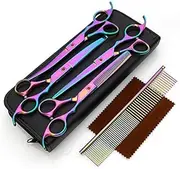 TOPIND Professional Dog Grooming Clippers - 5-Piece Clipper Set 7-Inch Trimmer, Curved Clippers, Thin Clippers, Comb with Case, Steel Pet Modern Set (Rainbow)