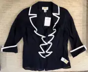 Talbots Linen Ruffle Front Top Blouse Navy Blue White Trim Size 2 P NEW NWT