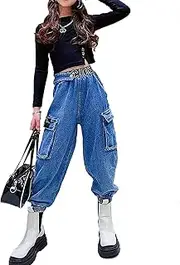 [iiniim] Kids Girls Denim Cargo Pants Elastic Waist Boot-Cut Jeans Tousers Denim Harem Pants Casual Dungarees with Pockets