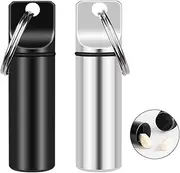2 Pack Small Pocket Pill Box Keychain, Portable Mini Aluminium Alloy Pill Organizer Case Container for Purse, Waterproof Metal Pill Holder Medicine Bottle for Outdoor Camping Travel(Black+Silver)