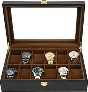 R.SHENGTE Watch Box,12 Slots Wooden Watch Organizer Box with Real Glass Top,Jewelry Storage Display Case for Men Father Husband Boy Friend