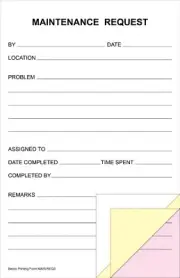 Maintenance Request Forms - 3 Part Carbonless, White/Yellow/Pink, Pack of 250