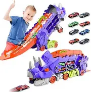 COOWIN Dinosaur Transporter Truck Toy with 8 Toy Cars, Dino Hauler Foldable Sliding Race Track Toy for Kids Age 3 4 5 6 7 8