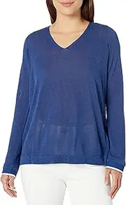[NYDJ] Womens Mixed Media V-Neck Sweater with Overlapped Back Pullover Sweater